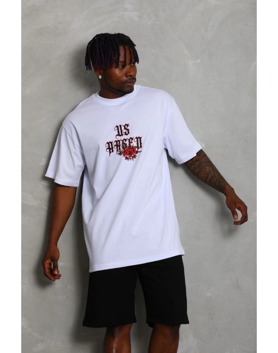 Erkek Baskılı Tişört Kısa Kol Bisiklet Yaka Oversize T-Shirt - Beyaz