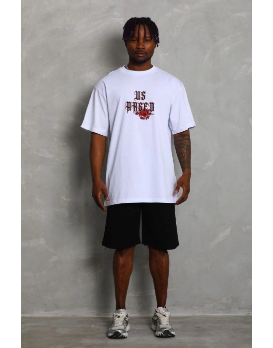 Erkek Baskılı Tişört Kısa Kol Bisiklet Yaka Oversize T-Shirt - Beyaz