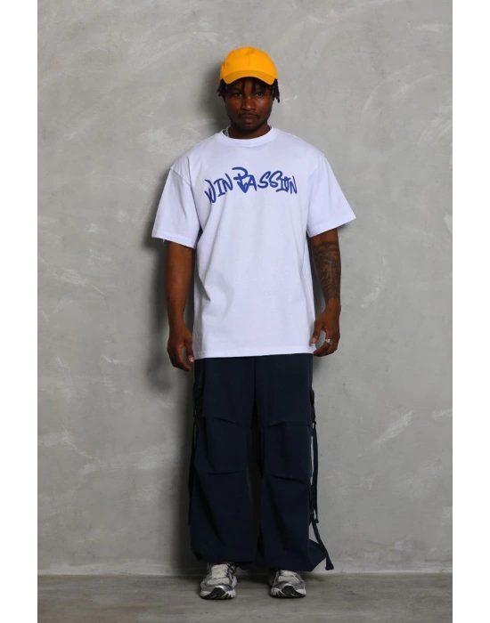 Erkek Baskılı Tişört Kısa Kol Bisiklet Yaka Oversize T-Shirt - Beyaz