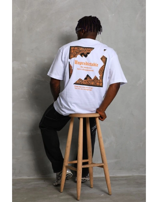 Erkek Baskılı Tişört Kısa Kol Bisiklet Yaka Oversize T-Shirt - Beyaz
