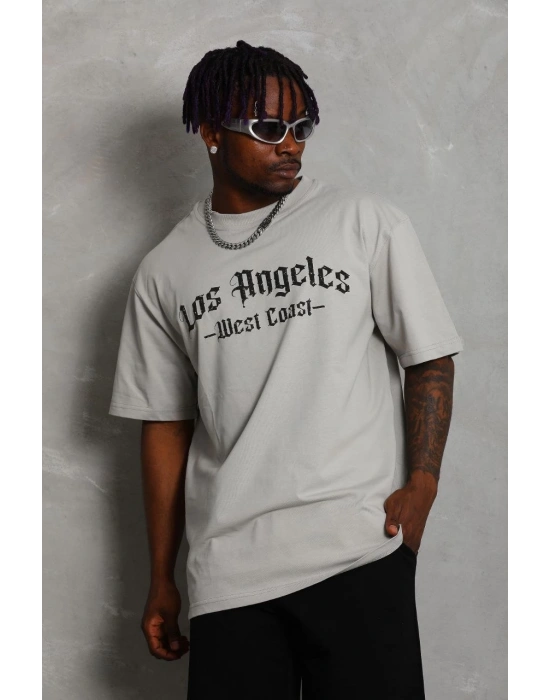 Erkek Baskılı Tişört Kısa Kol Bisiklet Yaka Oversize T-Shirt - Gri