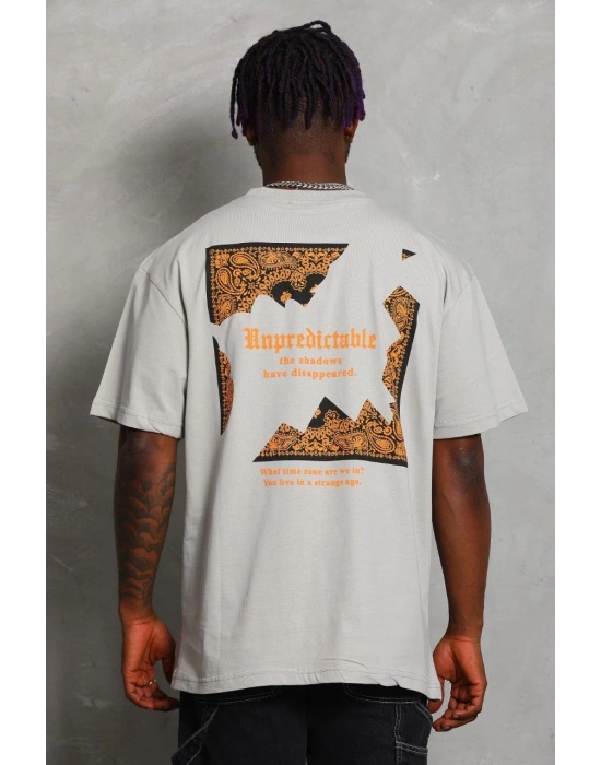 Erkek Baskılı Tişört Kısa Kol Bisiklet Yaka Oversize T-Shirt - Gri