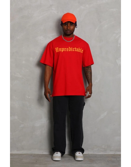Erkek Baskılı Tişört Kısa Kol Bisiklet Yaka Oversize T-Shirt - Kırmızı