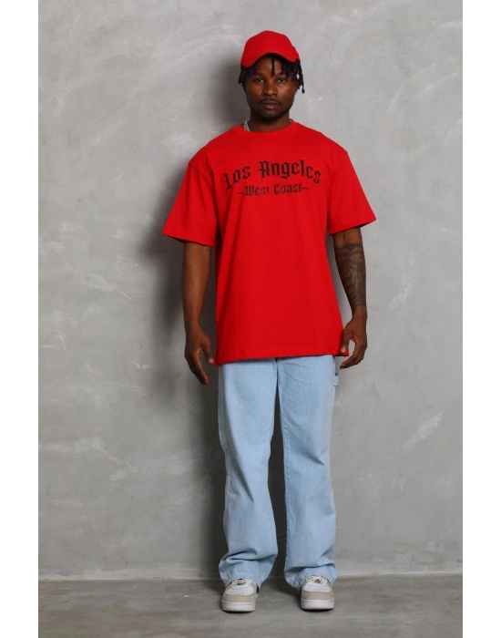 Erkek Baskılı Tişört Kısa Kol Bisiklet Yaka Oversize T-Shirt - Kırmızı