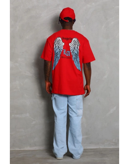 Erkek Baskılı Tişört Kısa Kol Bisiklet Yaka Oversize T-Shirt - Kırmızı