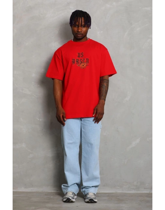 Erkek Baskılı Tişört Kısa Kol Bisiklet Yaka Oversize T-Shirt - Kırmızı