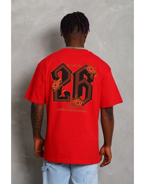 Erkek Baskılı Tişört Kısa Kol Bisiklet Yaka Oversize T-Shirt - Kırmızı