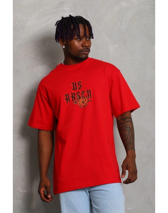 Erkek Baskılı Tişört Kısa Kol Bisiklet Yaka Oversize T-Shirt - Kırmızı