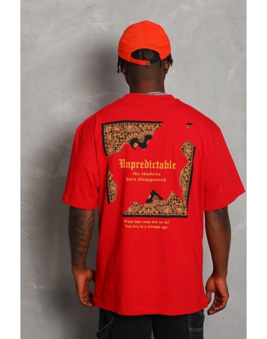 Erkek Baskılı Tişört Kısa Kol Bisiklet Yaka Oversize T-Shirt - Kırmızı