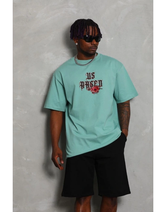 Erkek Baskılı Tişört Kısa Kol Bisiklet Yaka Oversize T-Shirt - Mint Yeşili