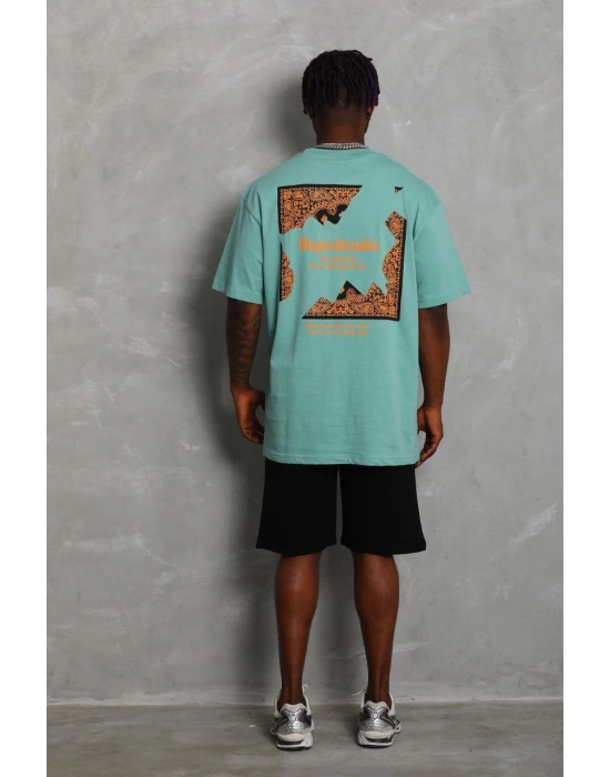 Erkek Baskılı Tişört Kısa Kol Bisiklet Yaka Oversize T-Shirt - Mint Yeşili