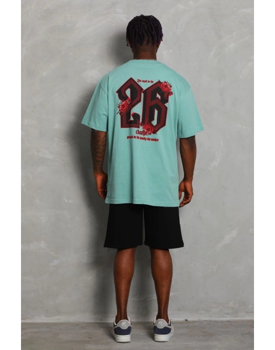 Erkek Baskılı Tişört Kısa Kol Bisiklet Yaka Oversize T-Shirt - Mint Yeşili