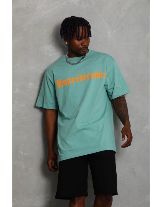 Erkek Baskılı Tişört Kısa Kol Bisiklet Yaka Oversize T-Shirt - Mint Yeşili