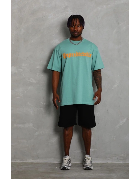 Erkek Baskılı Tişört Kısa Kol Bisiklet Yaka Oversize T-Shirt - Mint Yeşili