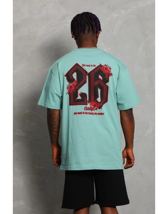 Erkek Baskılı Tişört Kısa Kol Bisiklet Yaka Oversize T-Shirt - Mint Yeşili