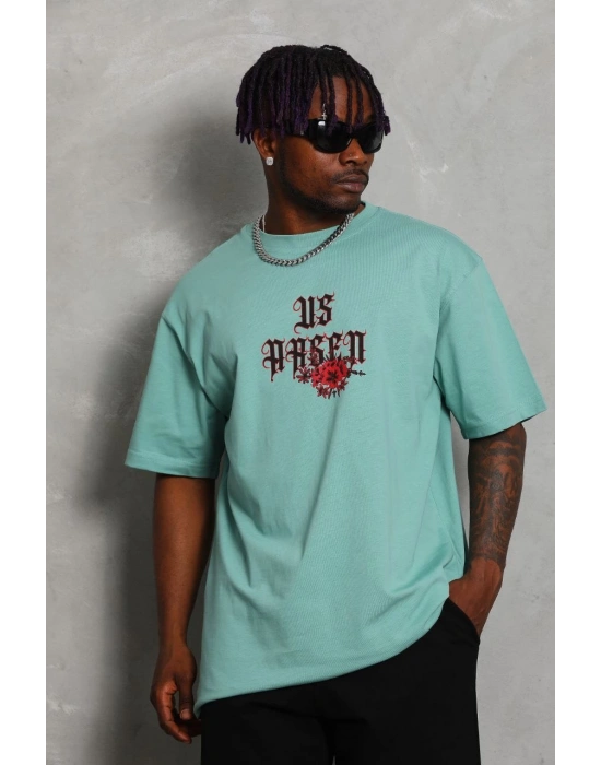 Erkek Baskılı Tişört Kısa Kol Bisiklet Yaka Oversize T-Shirt - Mint Yeşili