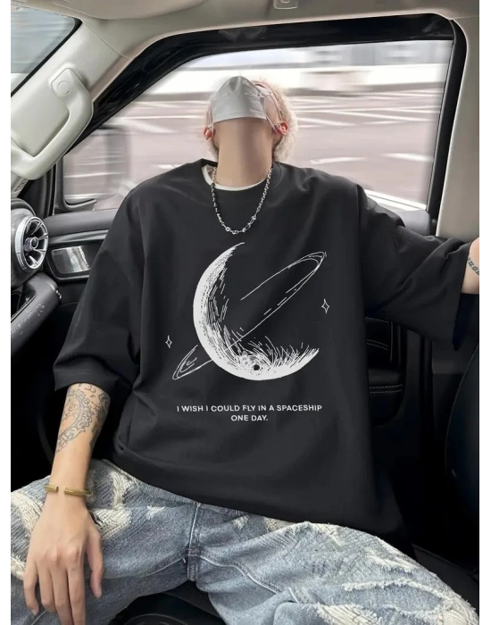 Erkek Baskılı Tişört Kısa Kol Bisiklet Yaka Oversize T-Shirt - - Siyah