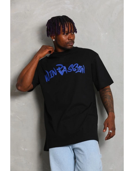 Erkek Baskılı Tişört Kısa Kol Bisiklet Yaka Oversize T-Shirt - Siyah