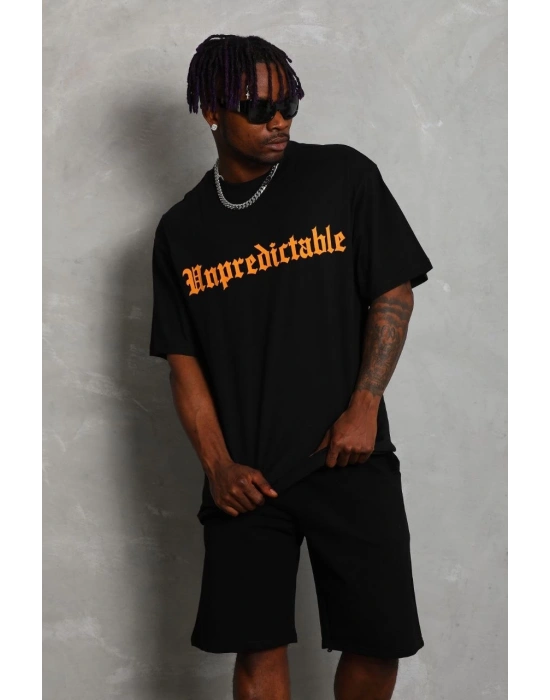 Erkek Baskılı Tişört Kısa Kol Bisiklet Yaka Oversize T-Shirt - Siyah