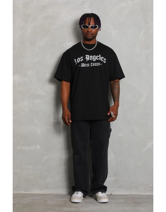 Erkek Baskılı Tişört Kısa Kol Bisiklet Yaka Oversize T-Shirt - Siyah