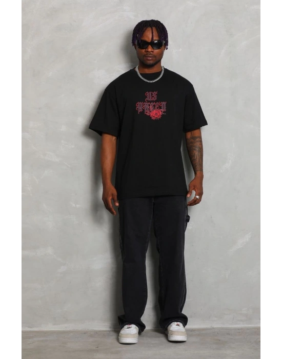Erkek Baskılı Tişört Kısa Kol Bisiklet Yaka Oversize T-Shirt - Siyah