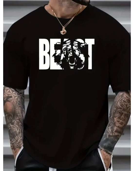 Erkek Baskılı Tişört Kısa Kol Bisiklet Yaka Oversize T-Shirt - Siyah