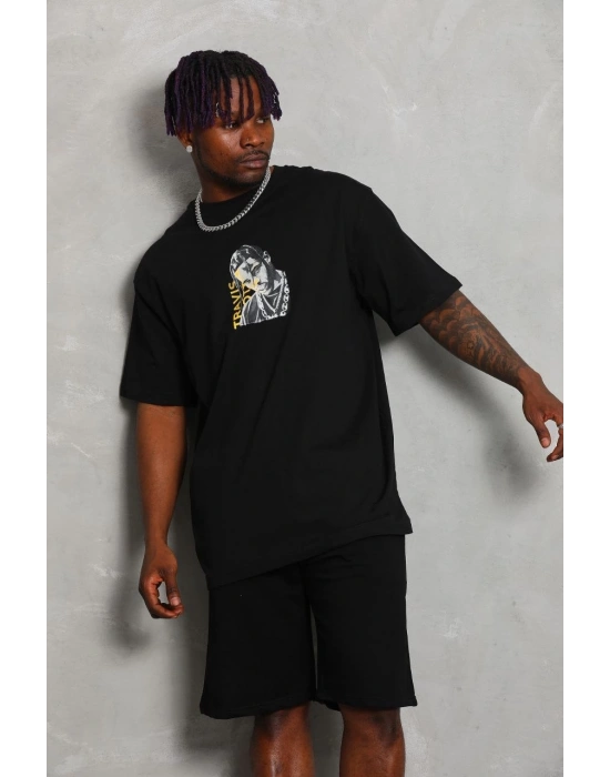 Erkek Baskılı Tişört Kısa Kol Bisiklet Yaka Oversize T-Shirt - Siyah