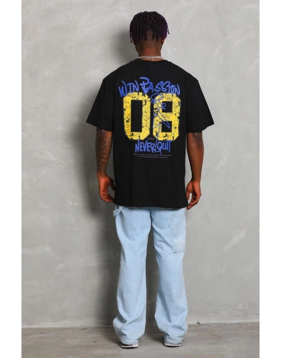 Erkek Baskılı Tişört Kısa Kol Bisiklet Yaka Oversize T-Shirt - Siyah