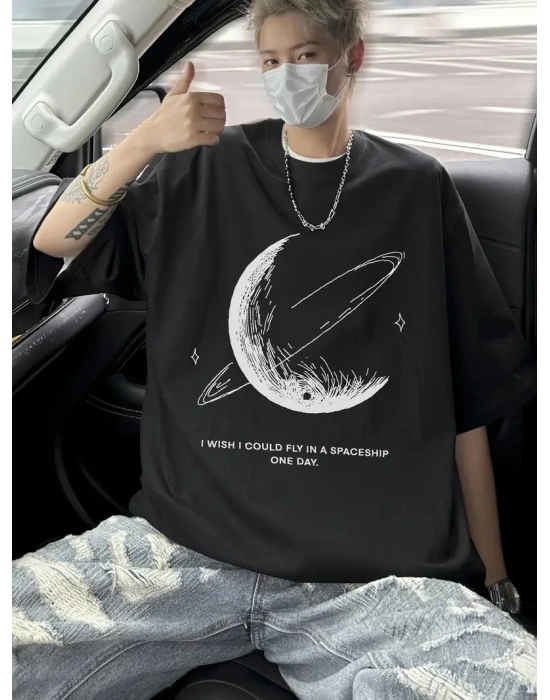 Erkek Baskılı Tişört Kısa Kol Bisiklet Yaka Oversize T-Shirt - - Siyah