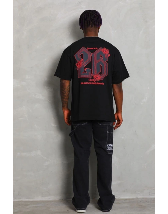 Erkek Baskılı Tişört Kısa Kol Bisiklet Yaka Oversize T-Shirt - Siyah