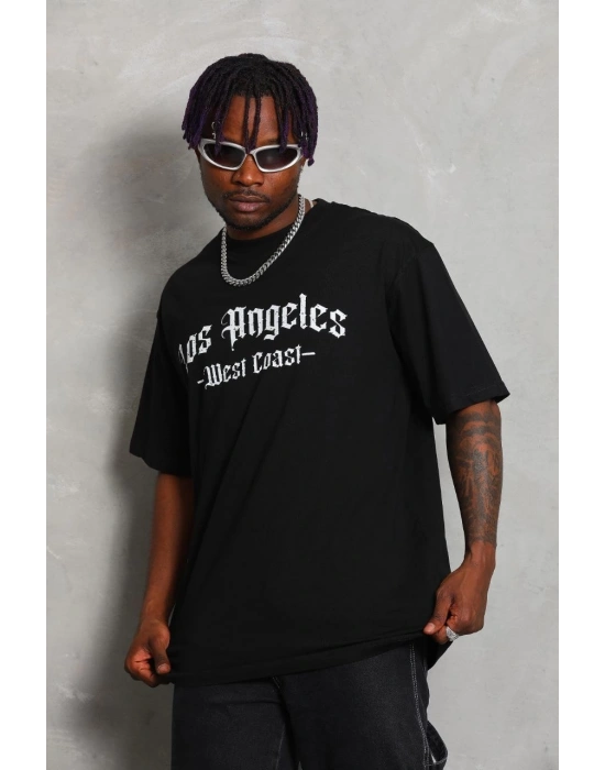 Erkek Baskılı Tişört Kısa Kol Bisiklet Yaka Oversize T-Shirt - Siyah