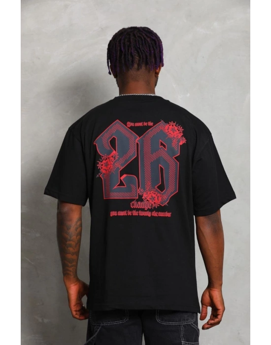 Erkek Baskılı Tişört Kısa Kol Bisiklet Yaka Oversize T-Shirt - Siyah