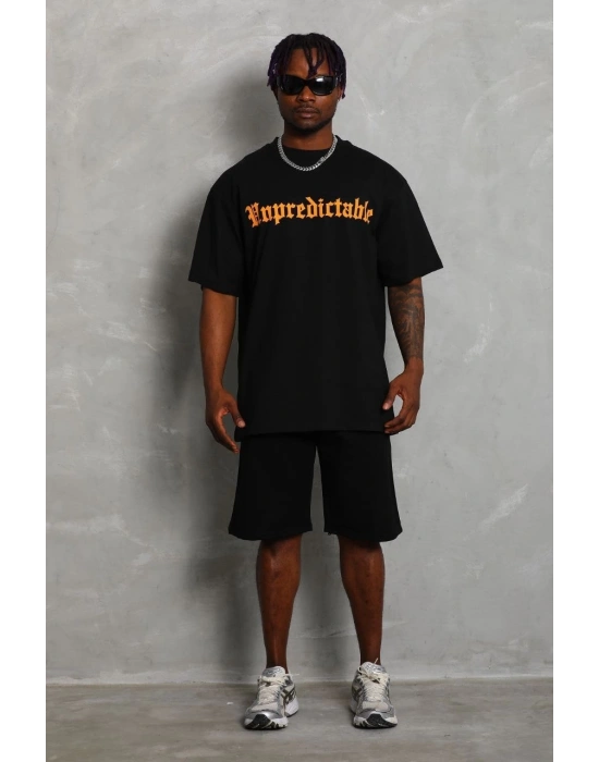 Erkek Baskılı Tişört Kısa Kol Bisiklet Yaka Oversize T-Shirt - Siyah