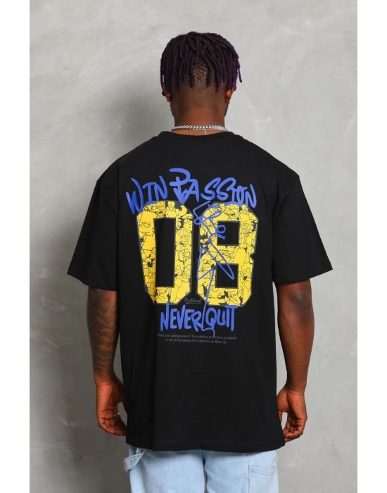 Erkek Baskılı Tişört Kısa Kol Bisiklet Yaka Oversize T-Shirt - Siyah