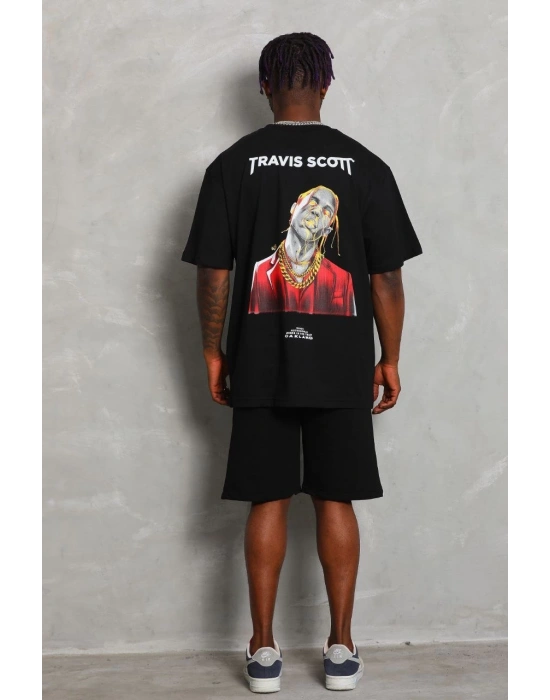 Erkek Baskılı Tişört Kısa Kol Bisiklet Yaka Oversize T-Shirt - Siyah