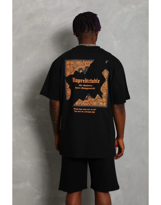 Erkek Baskılı Tişört Kısa Kol Bisiklet Yaka Oversize T-Shirt - Siyah