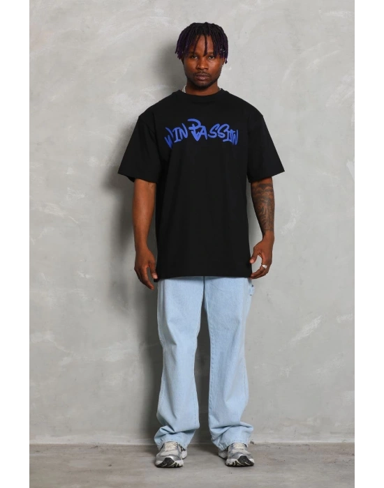 Erkek Baskılı Tişört Kısa Kol Bisiklet Yaka Oversize T-Shirt - Siyah