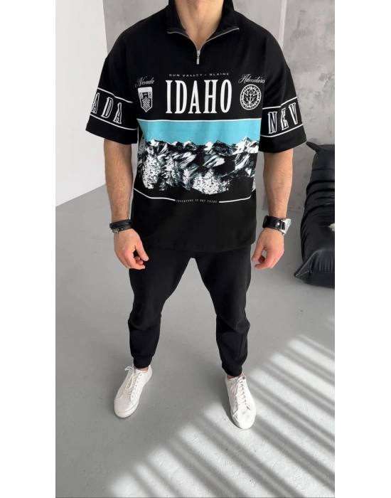 Erkek  Baskılı Yarım Fermuarlı  Kısa kol T-Shirt - Siyah