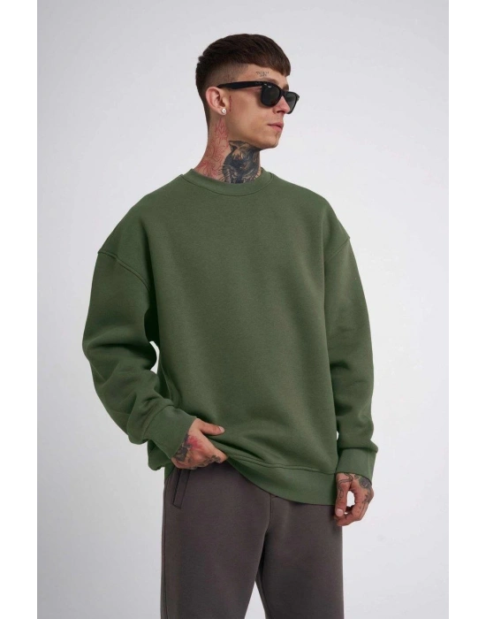 ERKEK Bisikilet Yaka 3 İplik Pamuklu SweatShirt - Haki