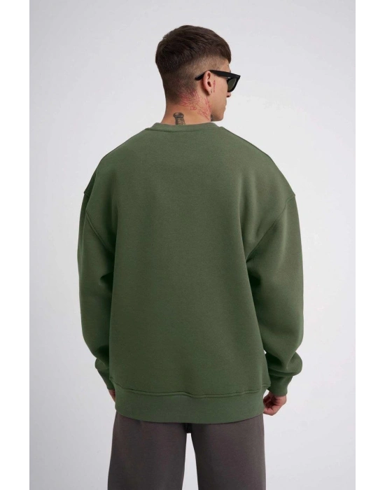 ERKEK Bisikilet Yaka 3 İplik Pamuklu SweatShirt - Haki