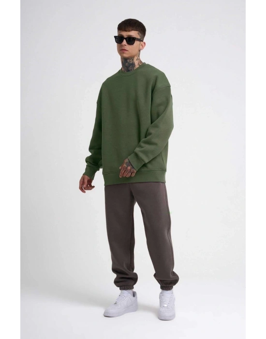 ERKEK Bisikilet Yaka 3 İplik Pamuklu SweatShirt - Haki