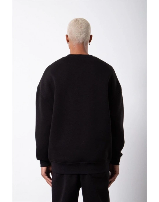 ERKEK Bisikilet Yaka 3 İplik Pamuklu SweatShirt - Siyah