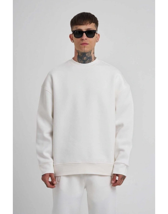 ERKEK Bisikilet Yaka 3 plik Pamuklu SweatShirt - Beyaz