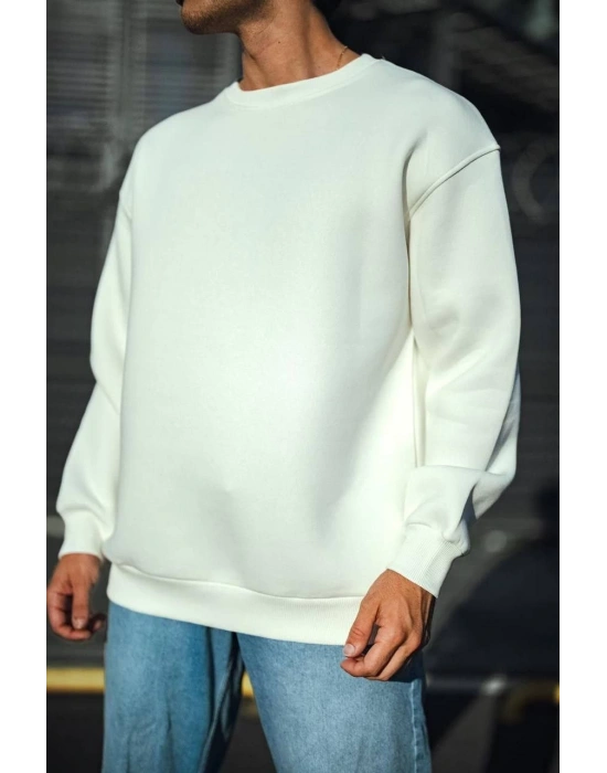 Erkek  Bisiklet Yaka 3 İplik Pamuklu Basic SweatShirt - Beyaz