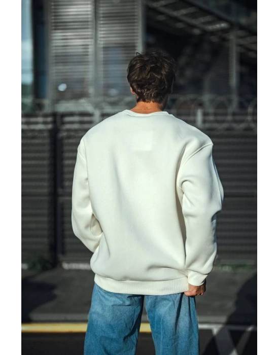 Erkek  Bisiklet Yaka 3 İplik Pamuklu Basic SweatShirt - Beyaz