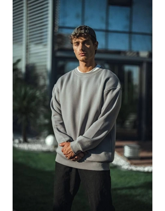 Erkek Bisiklet Yaka 3 İplik pamuklu Basic SweatShirt - Boyalı Gri