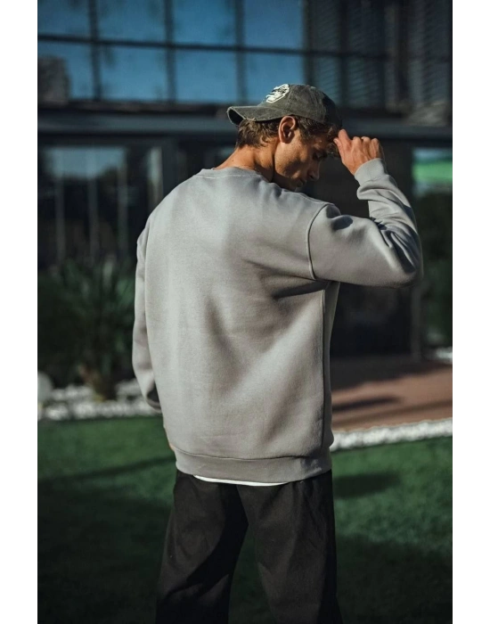 Erkek Bisiklet Yaka 3 İplik pamuklu Basic SweatShirt - Boyalı Gri