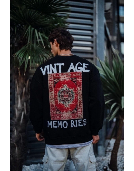 Erkek Bisiklet Yaka 3 İplik Pamuklu Baskılı SweatShirt - Siyah