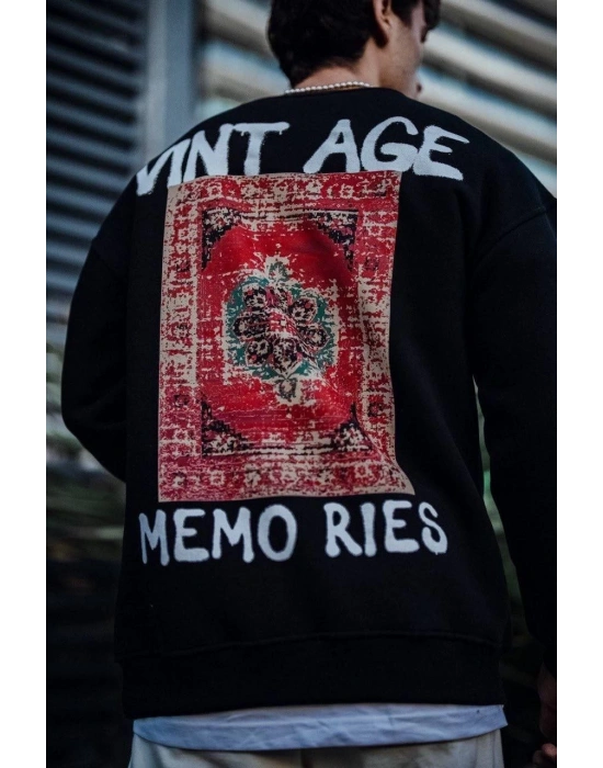 Erkek Bisiklet Yaka 3 İplik Pamuklu Baskılı SweatShirt - Siyah