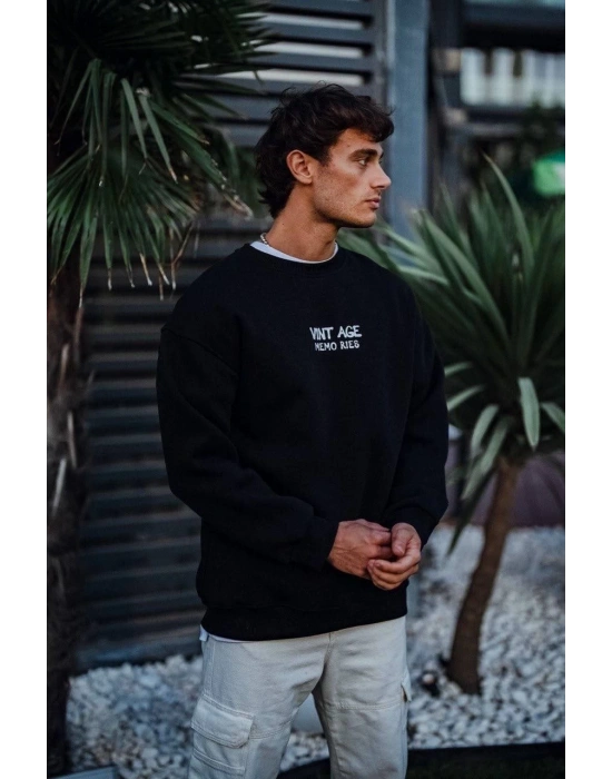 Erkek Bisiklet Yaka 3 İplik Pamuklu Baskılı SweatShirt - Siyah